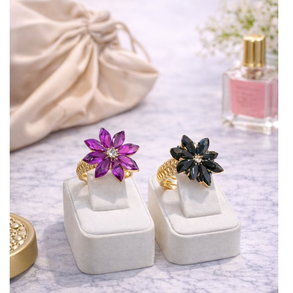 Fuchsia & Black Rhinestone Flower Rings - Picture 1 of 4